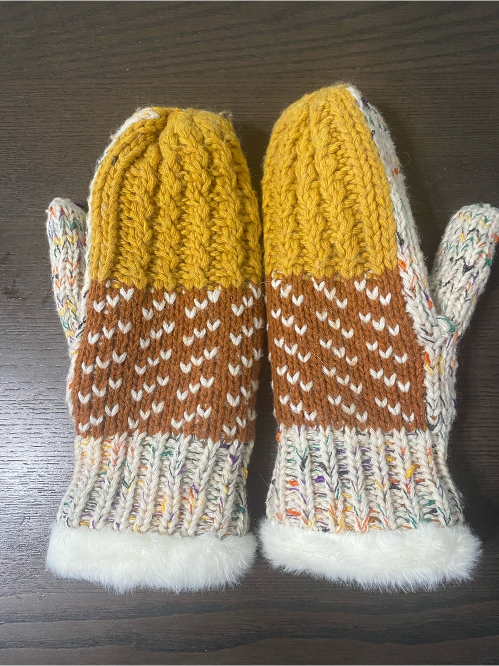 Cozy Colorblock Knit Mittens - Mustard, Brown & Cream
